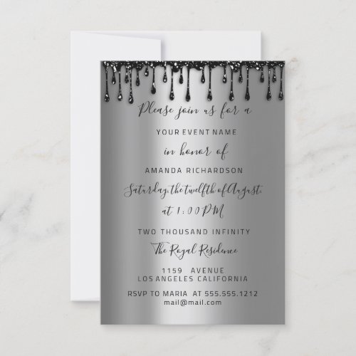  Drips Rose Black Sweet 16th Bridal Shower Silver Invitation