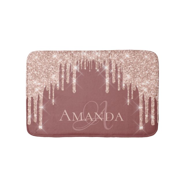 Drips Rose Blush Glitter Name Monogram Bridal Glam Bath Mat (Front)