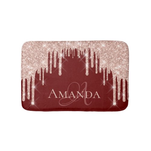 Drips Rose Blush Glitter Name Monogram Burgundy Bath Mat