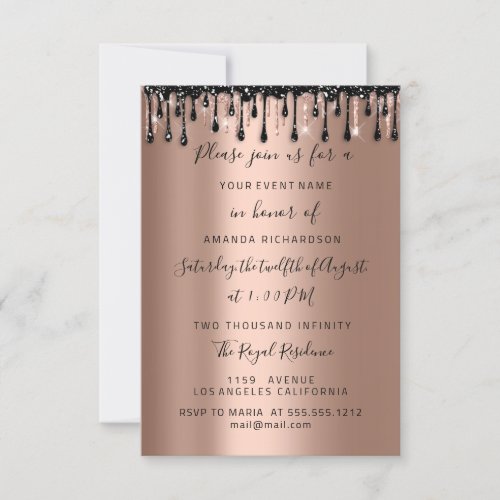  Drips  Rose Gold Black Sweet 16 Bridal Weddins Invitation