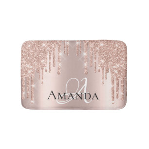 Drips Rose Gold Blush Glitter Name Monogram Pink Bath Mat