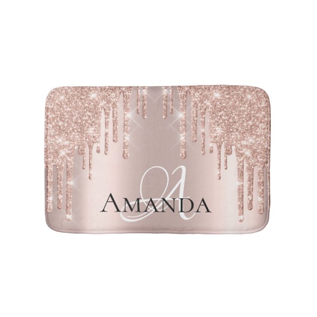 Drips Rose Gold Blush Glitter Name Monogram Pink Bath Mat (Front)