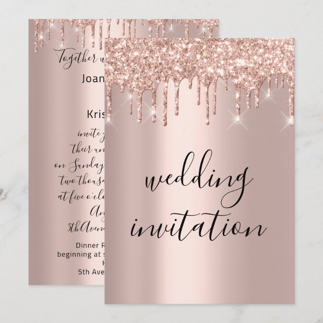 Drips Rose Gold Wedding Bridal Glitter Elegant Invitation (Front/Back)