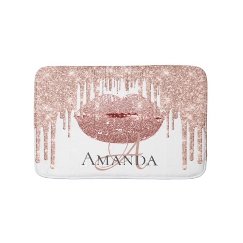 Drips Rose Pink Blush Glitter Name Monogram White Bath Mat