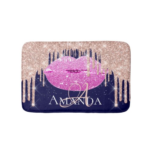 Drips Rose Pink Kiss Glitter Name Monogram Navy Bath Mat