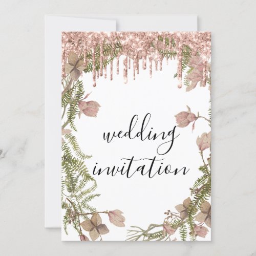 Drips Rose White Wedding Bridal Glitter Florals Invitation