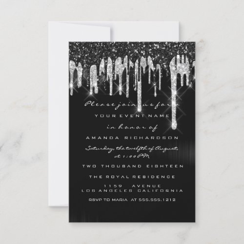 Drips Silver Black Bridal Sweet 16th Wedding Invitation