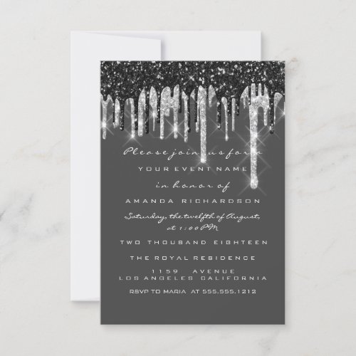 Drips Silver Black Gray  Bridal Birthday Wedding Invitation