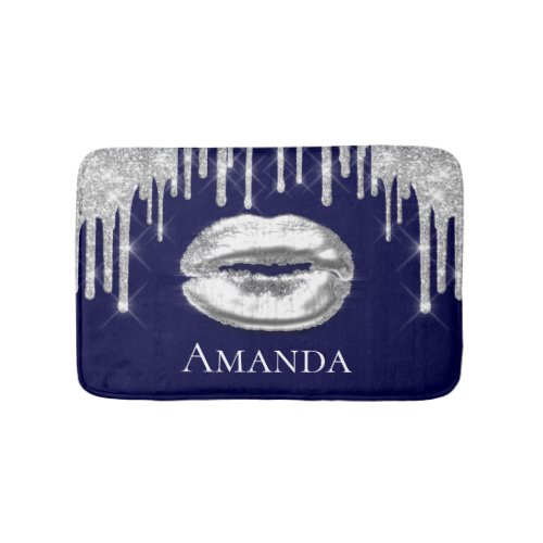 Drips Silver Glam Lips Glitter Name Monogram Blue Bath Mat