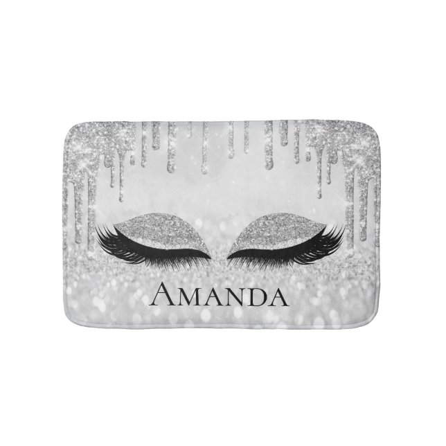 Drips Silver Gray Grey Eyes Lashes Glitter Name Bath Mat (Front)