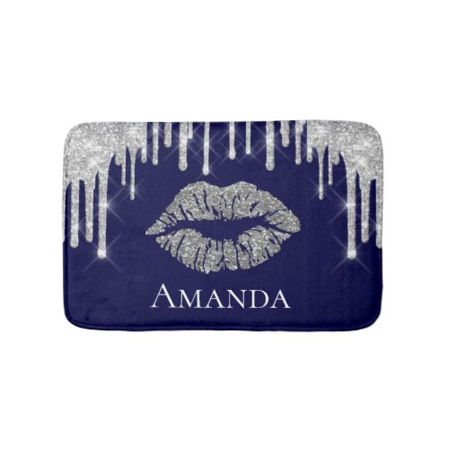 Drips Silver Kiss Lips Glitter Name Monogram Navy Bath Mat