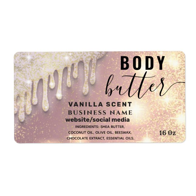 Drips sparkle glittery script body butter label (Front)