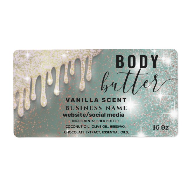 Drips sparkle glittery script body butter label (Front)
