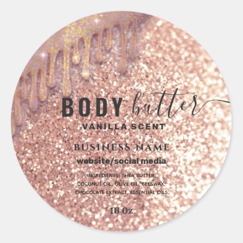 Drips sparkle rose gold glitter body butter label