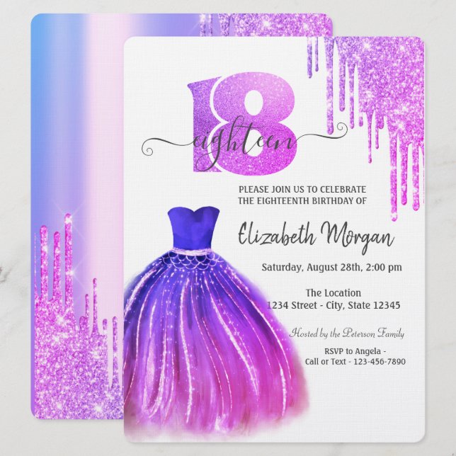  Drips Violet Chic Dress Silver 18th Birthday  Invitation (Front/Back)