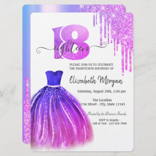 Drips Violet Chic Dress Silver 18th Birthday  Invitation