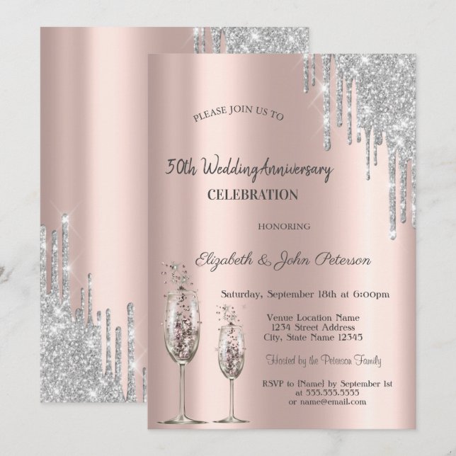Drips Wine Glass Rose Gold Wedding Anniversary Invitation (Front/Back)