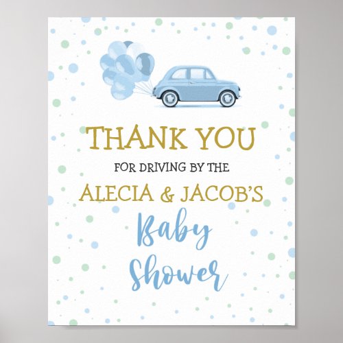 Drive  Blue Car Balloons Boy Baby Shower Welcome Poster