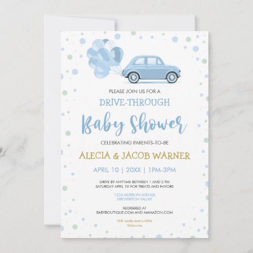 Drive  Blue Car Balloons Through Boy Baby Shower Invitation