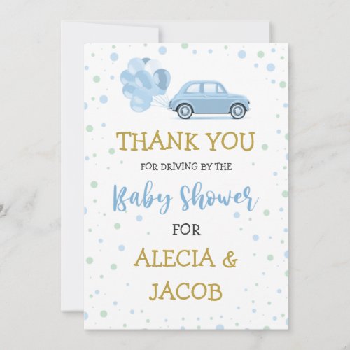 Drive  Blue Car Balloons Through Boy Baby Shower Thank You Card