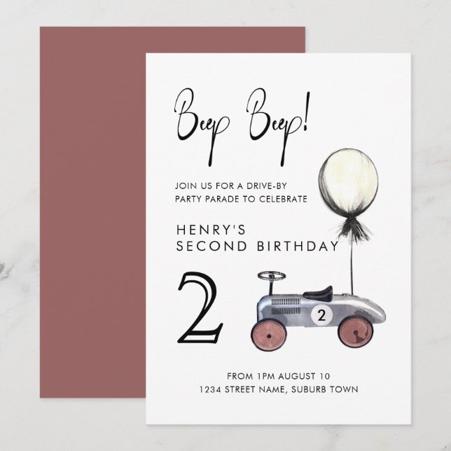 Drive by 2nd Birthday Parade Retro Minimalist Car Invitation (Front/Back)