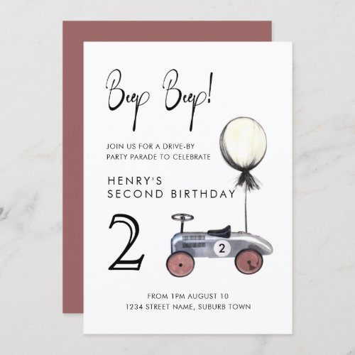 Drive by 2nd Birthday Parade Retro Minimalist Car Invitation