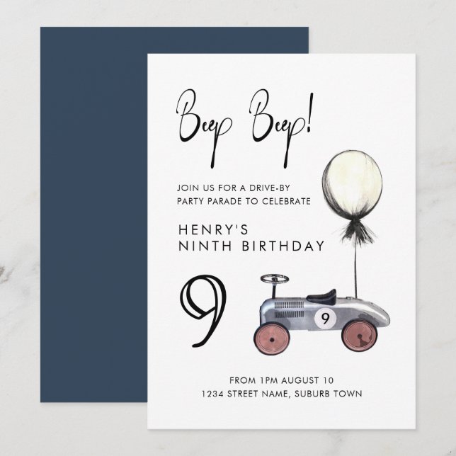 Drive by 9th Any Age Birthday Parade Retro Car Invitation (Front/Back)