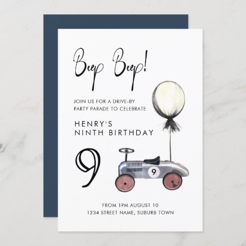 Drive by 9th Any Age Birthday Parade Retro Car Invitation