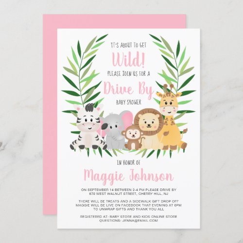 Drive By About to Get Wild Safari Baby Girl Shower Invitation