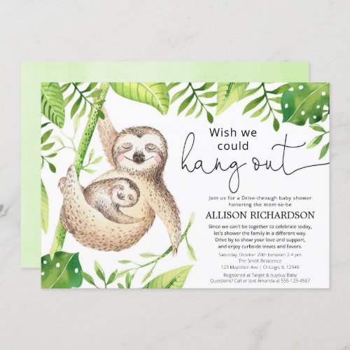 Drive by adorable sloth gender neutral baby shower invitation