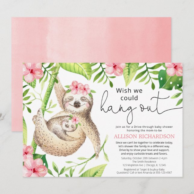Drive by adorable sloth pink girl baby shower invitation (Front/Back)