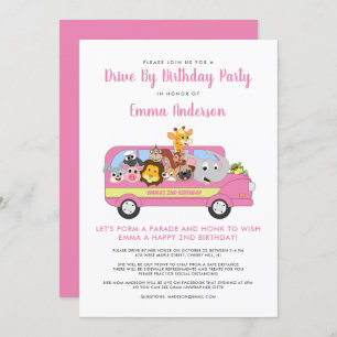 Drive By Animal Safari Cute Girl's Birthday Party Invitation