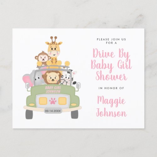 Drive By Animal Safari Cute Pink Baby Girl Shower Invitation Postcard