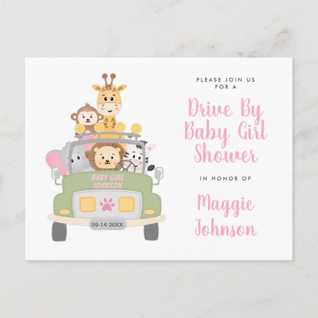 Drive By Animal Safari Cute Pink Baby Girl Shower Invitation Postcard (Front)