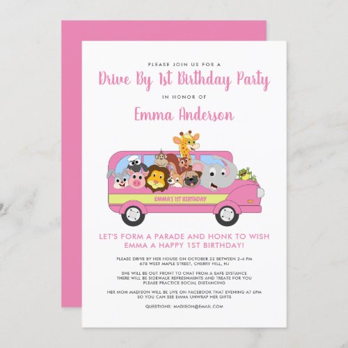 Drive By Animal Safari Girls 1st Birthday Party Invitation
