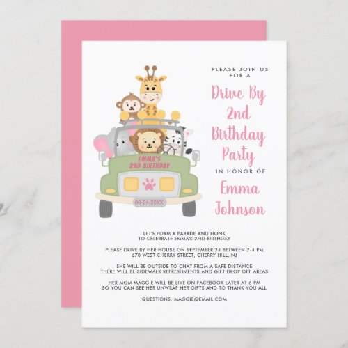 Drive By Animal Safari Pink 2nd Birthday Party Invitation