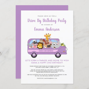 Drive By Animal Safari Purple Girl Birthday Party Invitation