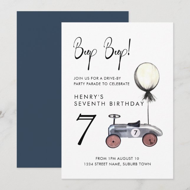Drive by Any Age Birthday Parade Retro 7th Car Invitation (Front/Back)