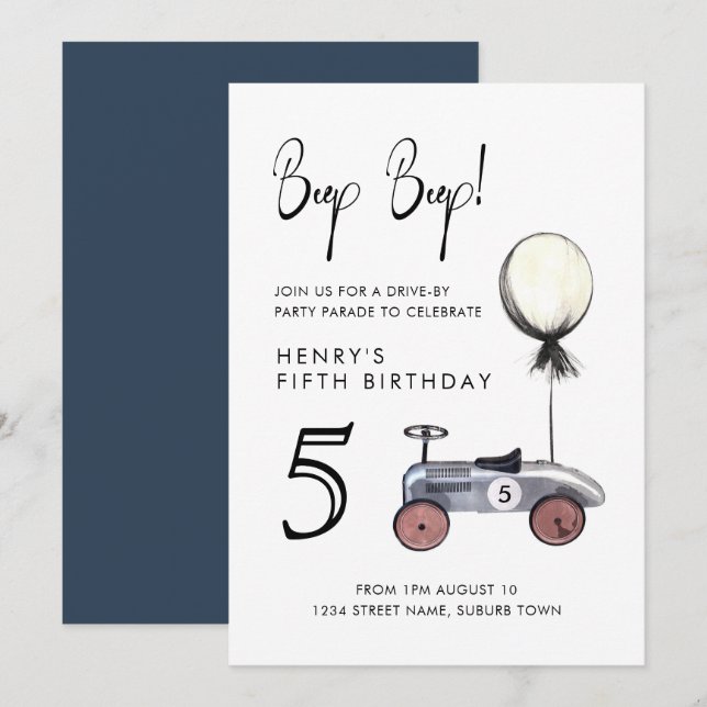 Drive by Any Age Birthday Parade Retro Blue Car Invitation (Front/Back)