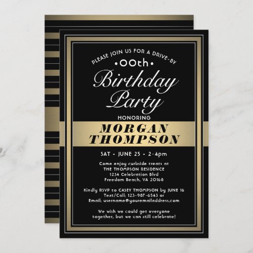 Drive_By Any Birthday Black Gold and White Party Invitation