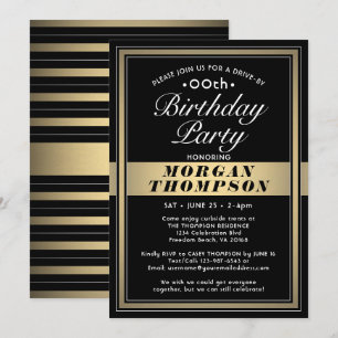 Drive-By Any Birthday Black Gold and White Party Invitation