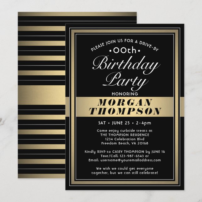 Drive-By Any Birthday Black Gold and White Party Invitation (Front/Back)