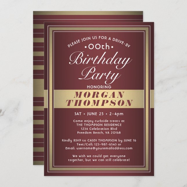 Drive-By Any Birthday Burgundy Gold & White Party Invitation (Front/Back)