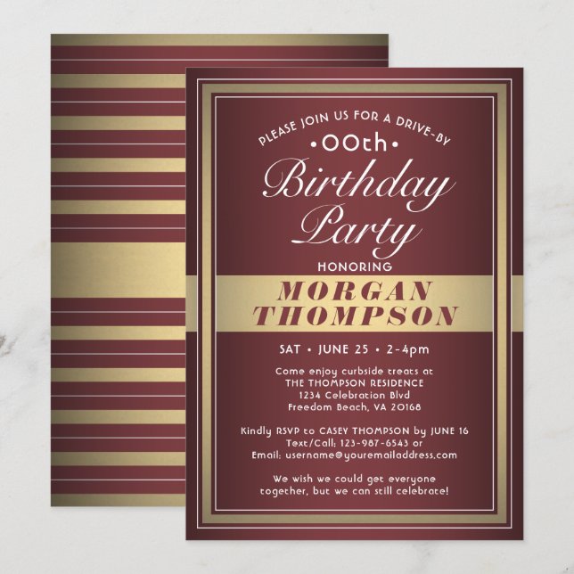 Drive-By Any Birthday Burgundy Gold & White Party Invitation (Front/Back)