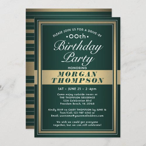 Drive_By Any Birthday Green Gold and White Party Invitation