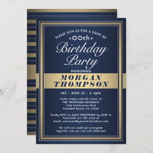 Drive-By Any Birthday Navy Blue Gold & White Party Invitation
