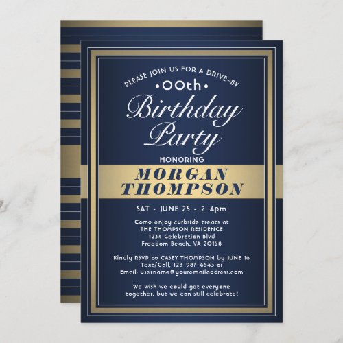 Drive_By Any Birthday Navy Blue Gold  White Party Invitation