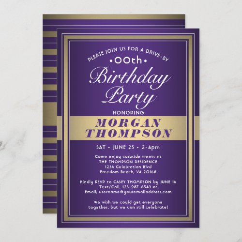 Drive_By Any Birthday Purple Gold and White Party Invitation