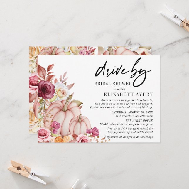 Drive by Autumn Pumpkin Bridal Shower Invitation (Front/Back In Situ)
