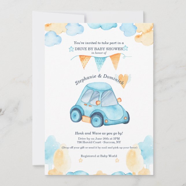 Drive By Baby Boy Shower Invitation (Front)